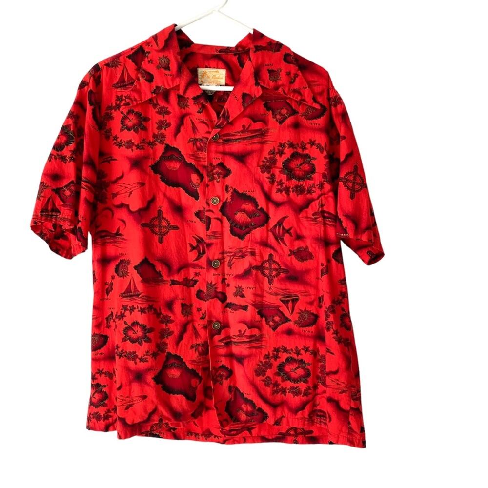 Ui Maiki Vintage 60s Red Hawaiian Islands Map Hibiscus Flower Button Down Shirt